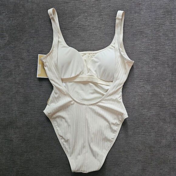 Michael Kors Women's bone Ribbed Square Tank One Piece Swimwear Swimsuit Size 8 - Picture 9 of 14